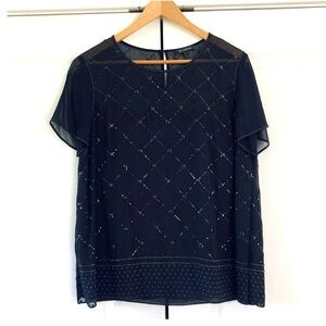 St. John Silk Evening Blouse Black Beaded Embellished Shirt Top Size Small